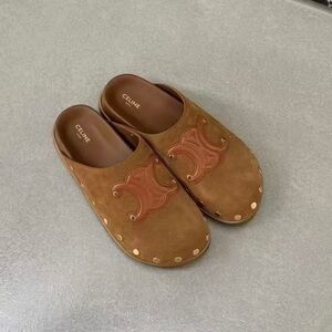 Celine Brown Suede Clogs with Gold Accents
